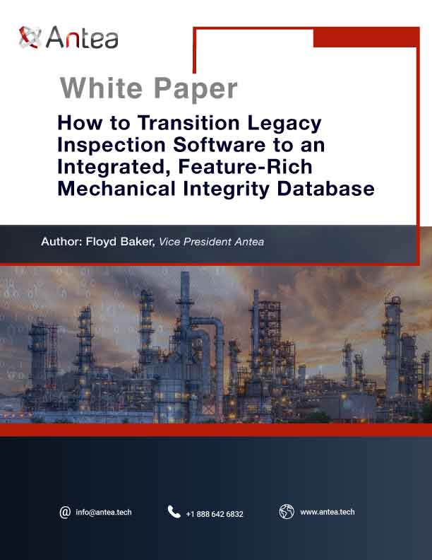 Front cover of white paper: How to transition legacy inspection software to an Integrated, Feature-rich mechanical integrity database