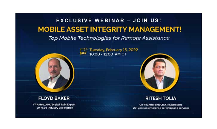 Graphic banner with presenter profile pictures and webinar details - Mobile Asset Integrity Management, Top Mobile Technologies for Remote Assistance