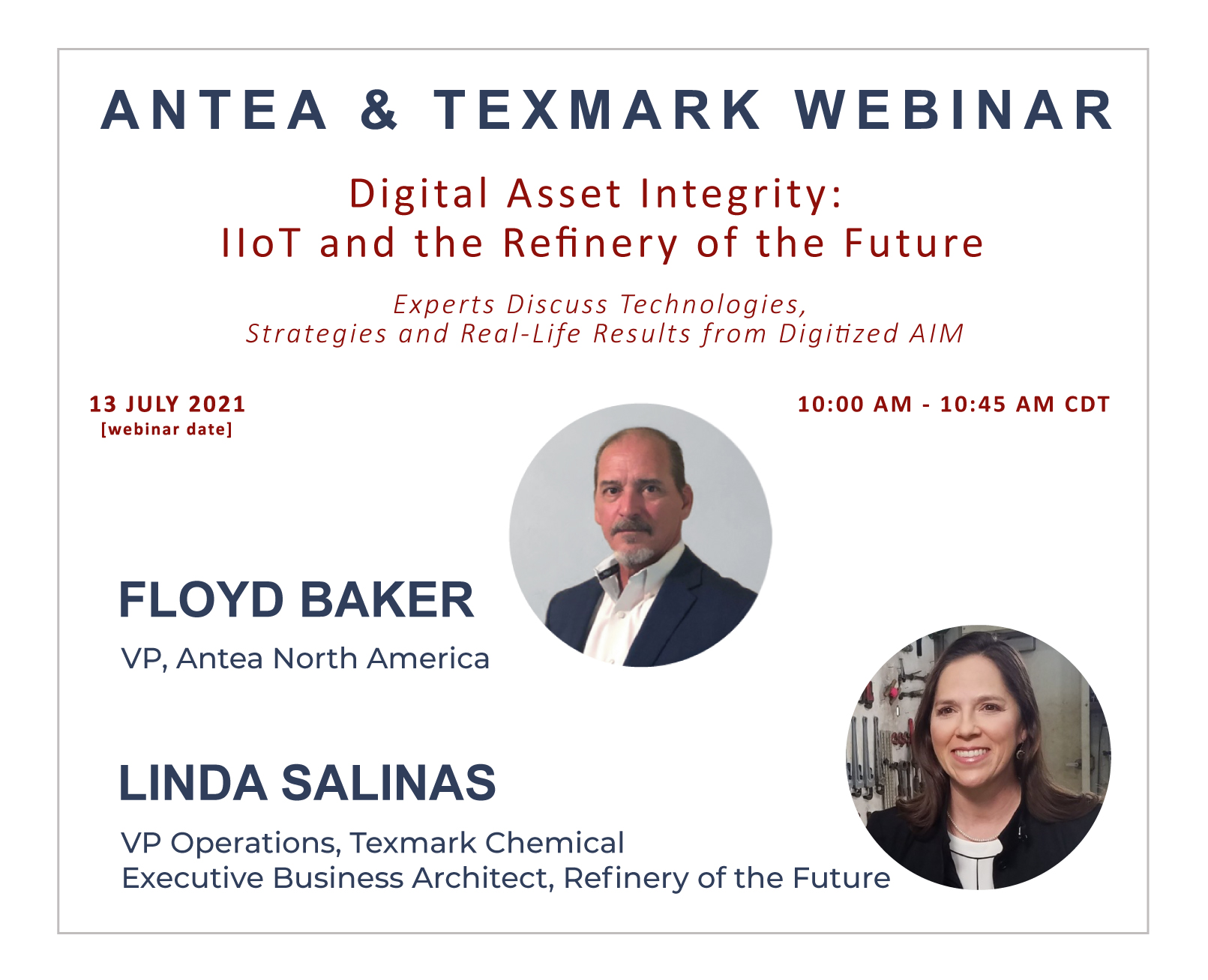 Graphic banner depicting biographical images and text details of the Digital Asset Integrity: IIoT and Refinery of the Future asset integrity management webinar.