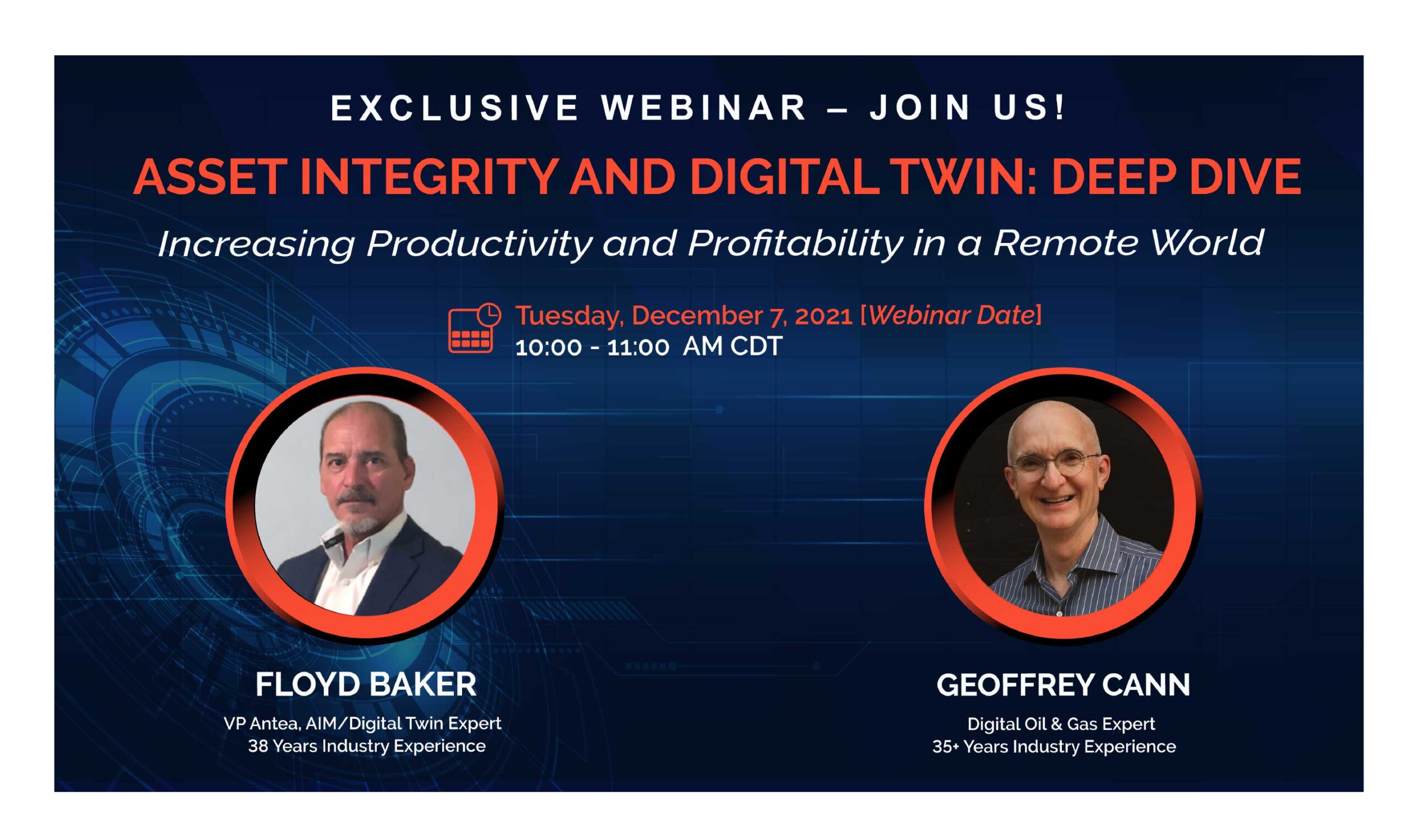 Graphic banner with presenter profile pictures and webinar details - Asset Integrity and Digital Twin: Deep Dive
