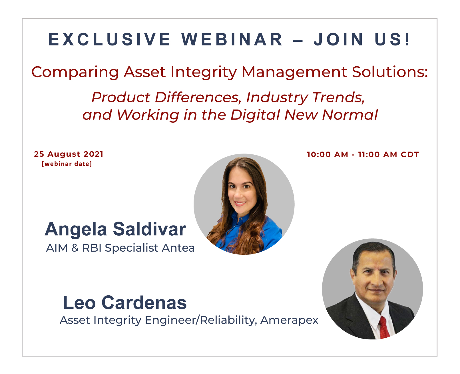 Graphic banner depicting biographical images and text details of the Digital Asset Integrity: IIoT and Refinery of the Future asset integrity management webinar.