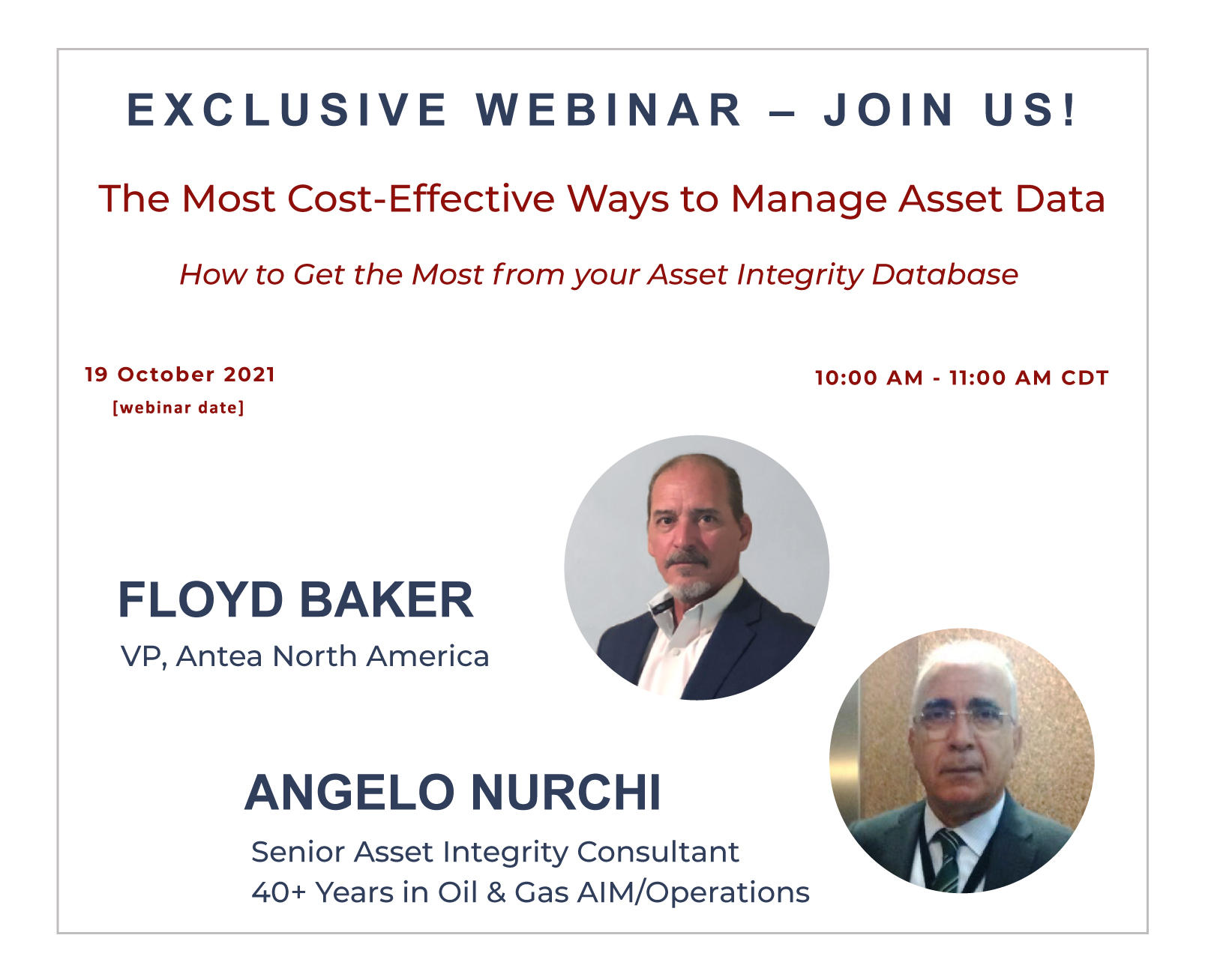 Graphic banner depicting biographical images and text details of the Most Cost-Effective Ways to Manage Asset Data asset integrity management webinar.