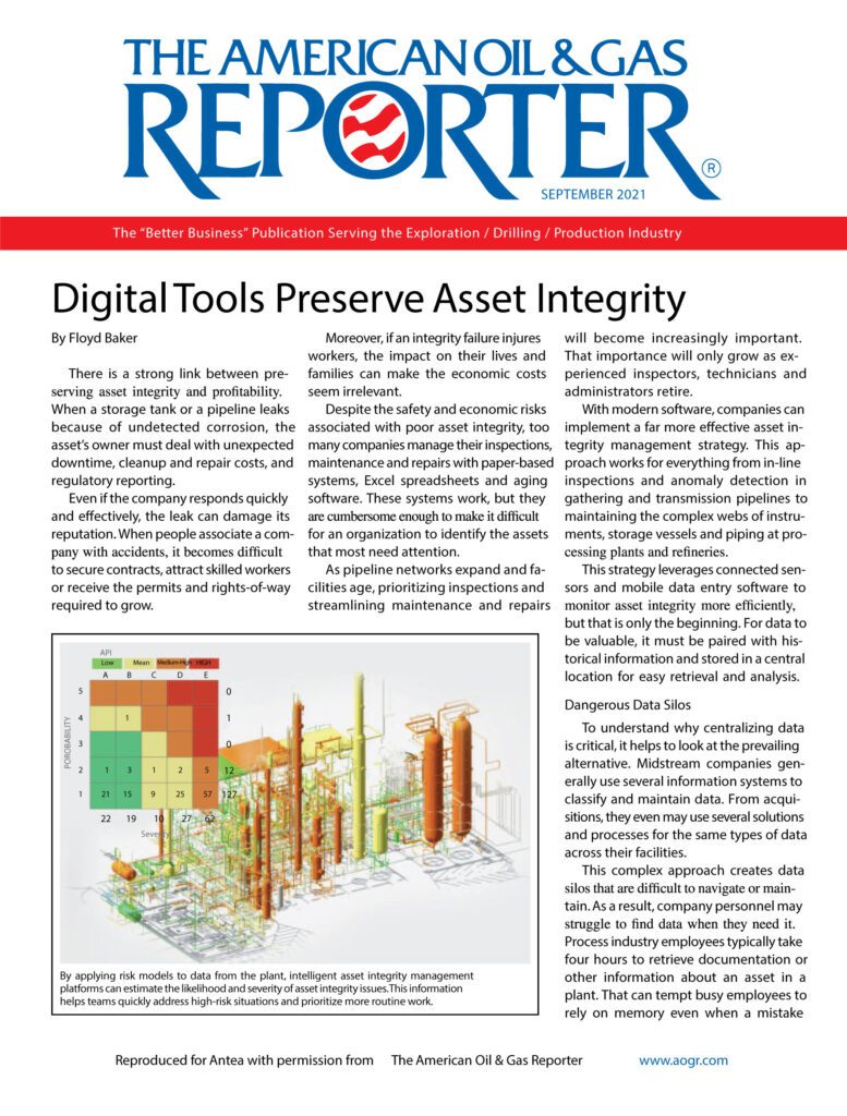 Image of the cover of American Oil & Gas Reporter magazine article Digital Tools Preserve Asset Integrity