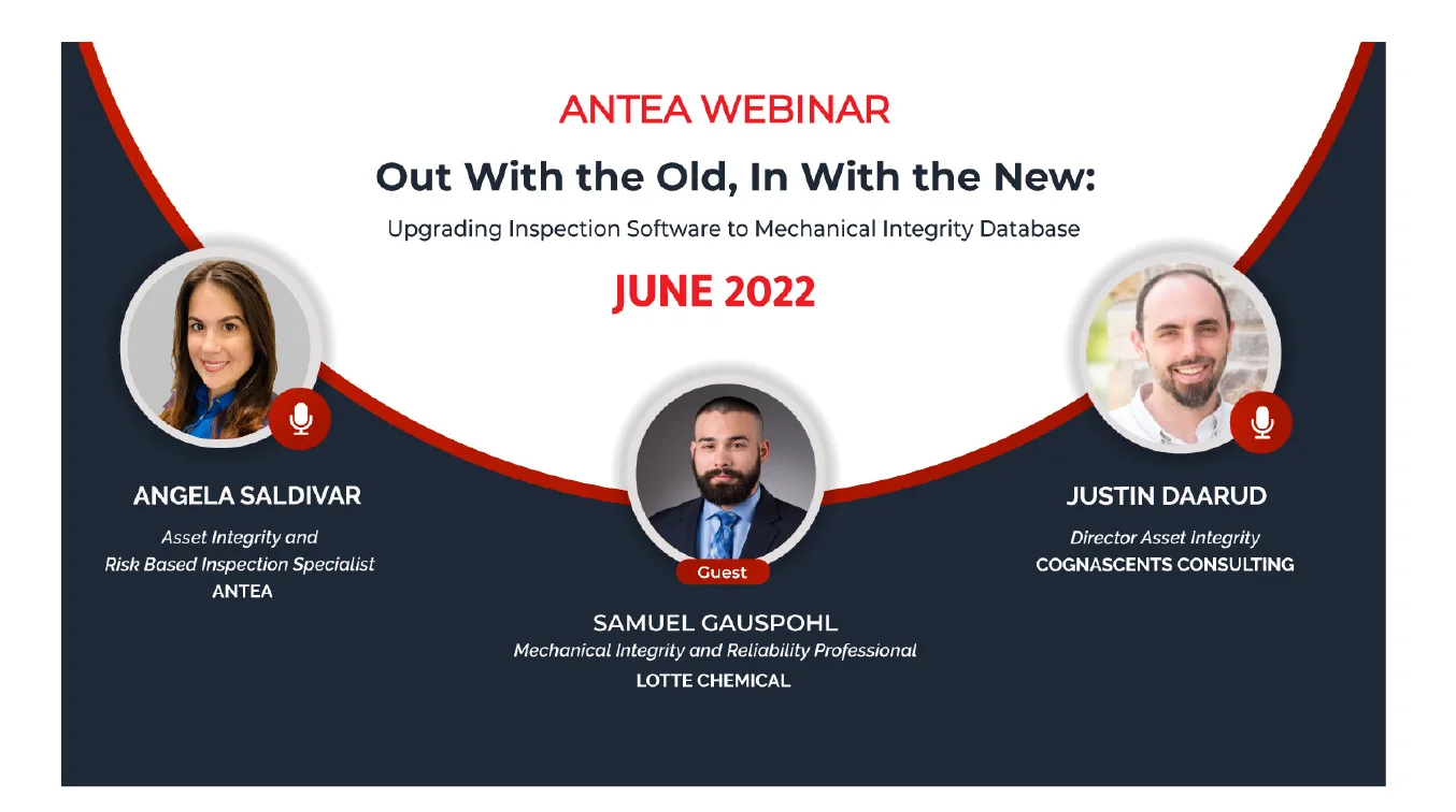 Graphic banner with presenter profile pictures and webinar details - Upgrading Inspection Software to Mechanical Integrity Database